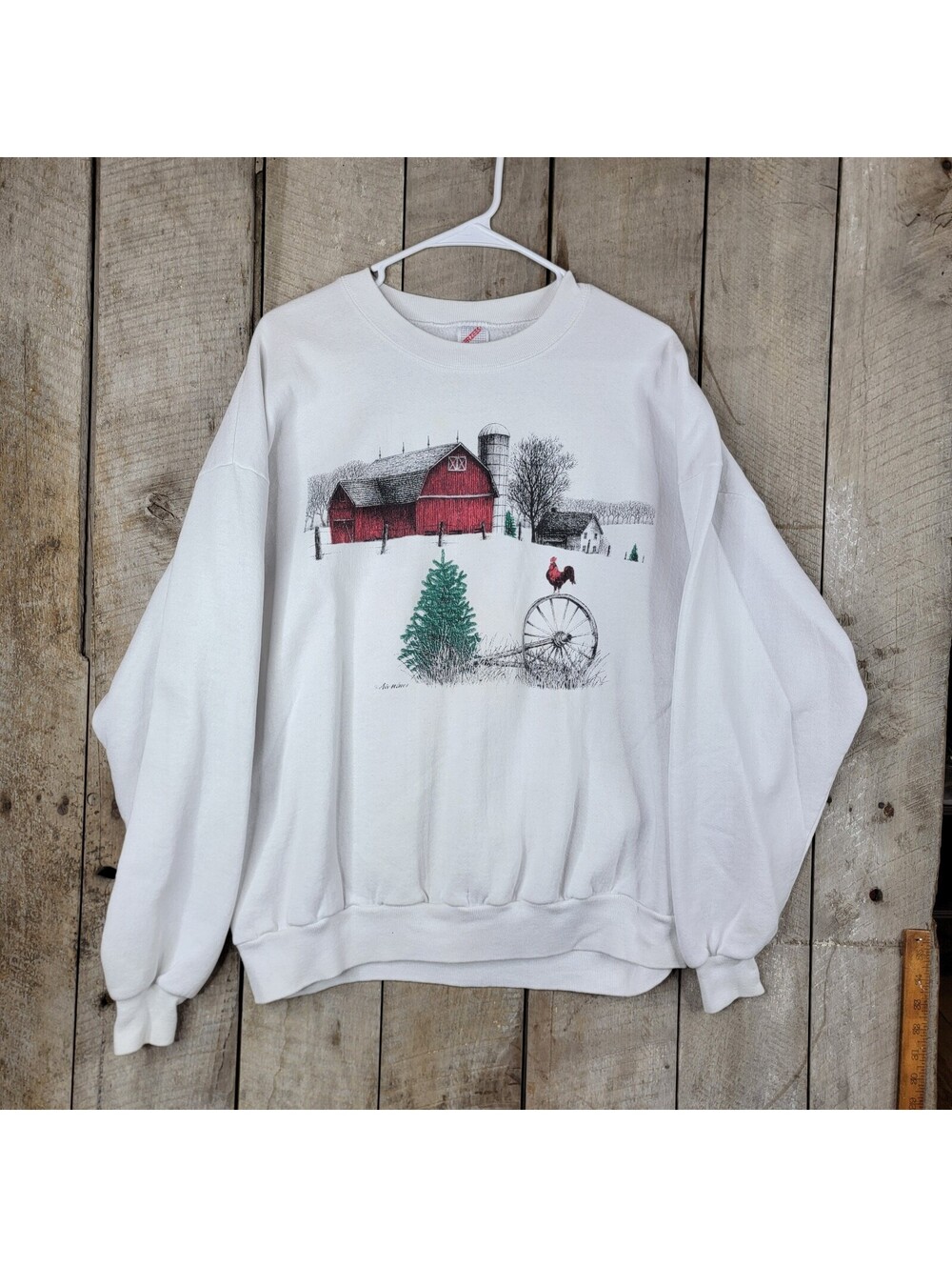 Vintage Winter Barn Farm Scene Sweatshirt Rooster Graphic Jerzees USA 2X
